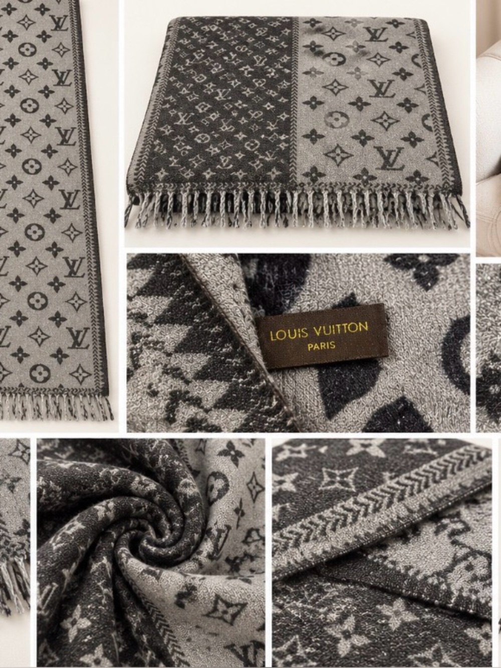 Louis Vuitton Gray Two-Tone Monogram Fringed Shawl